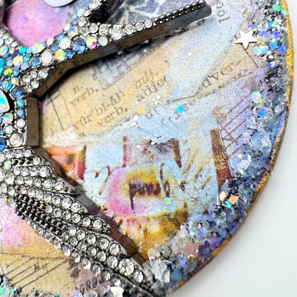 Handcrafted Ornament OOAK Collage Bird Gold & Blue Accents 3" Ribbon - Picture 4 of 10